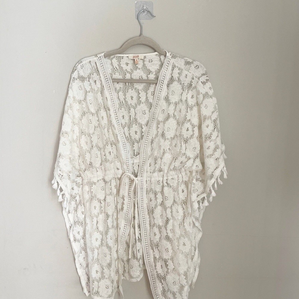 Peach White Swim cover up Lace with floral design Medium String to tie up Short